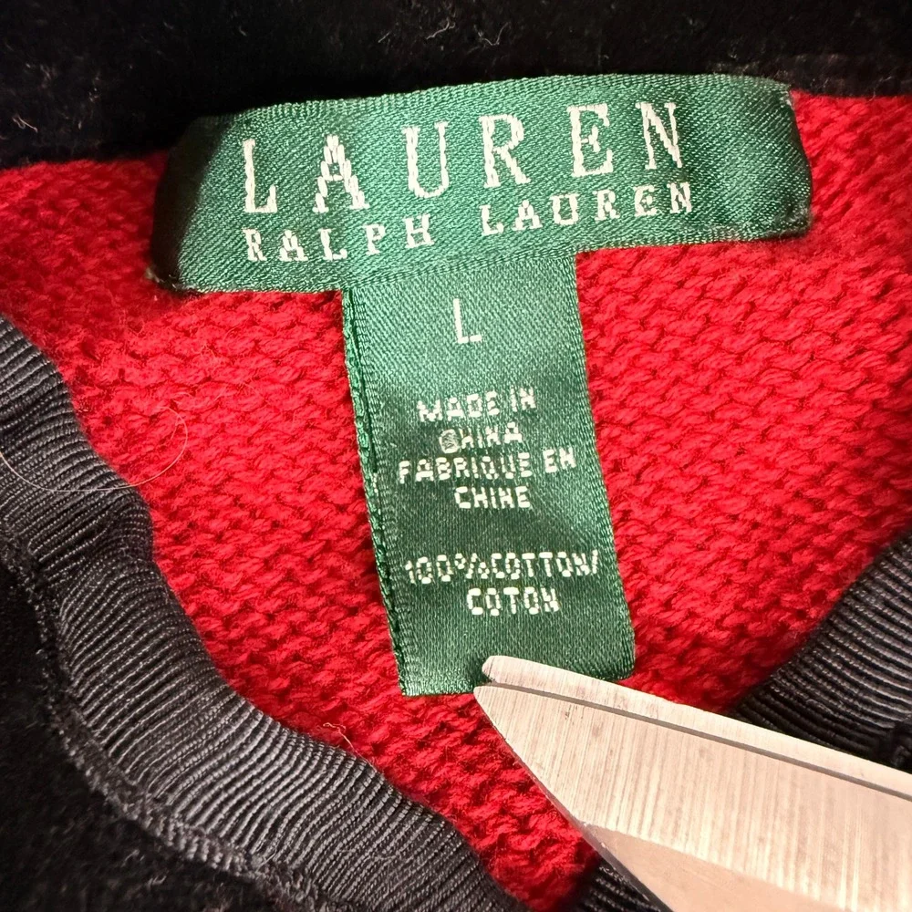Vtg. Lauren Ralph Lauren Womens Large Pre-Owned Sweater Red Velvet Trim Military